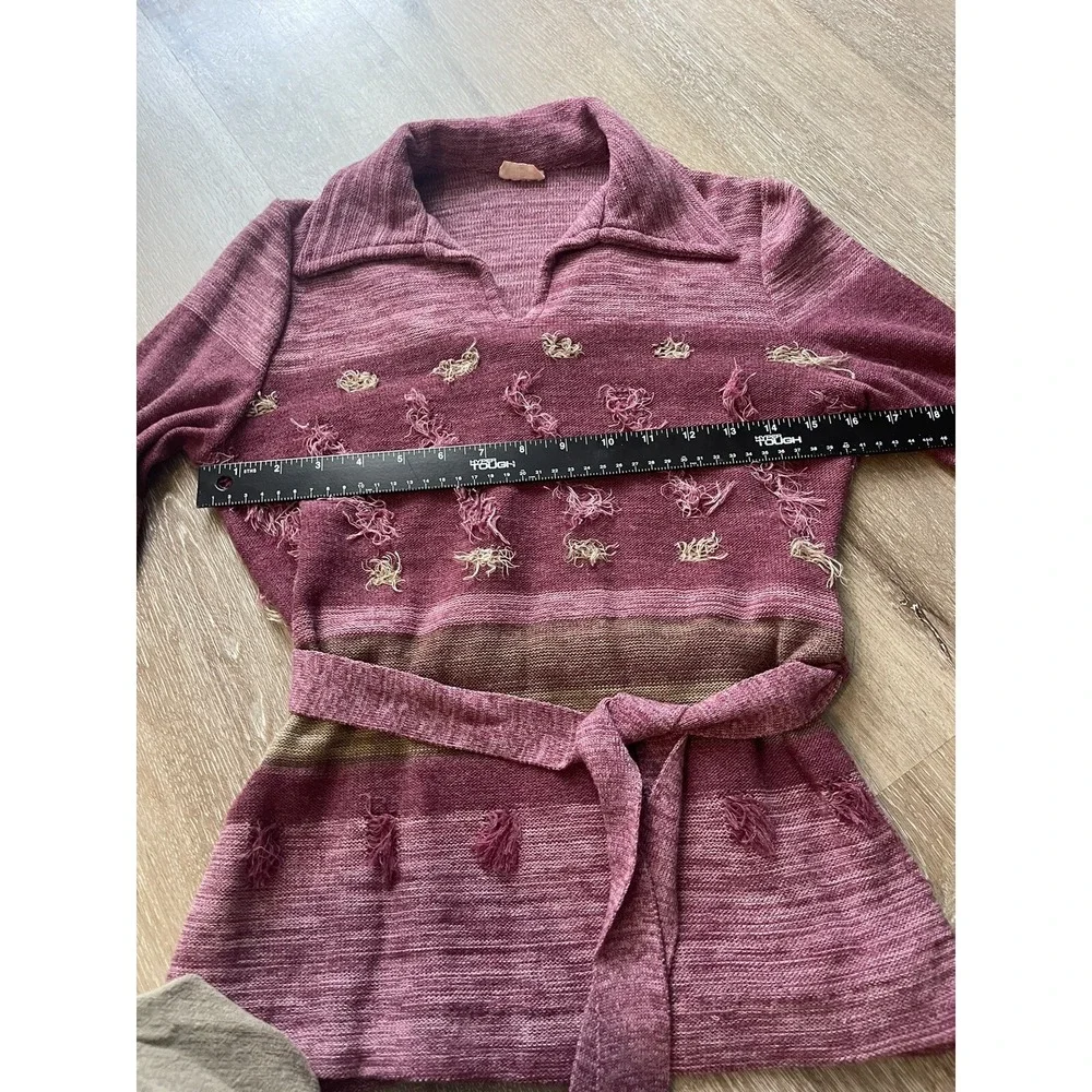 Vintage Women's Red Eye Collar V-neck Raspberry Pink Purple Long Sleeve Shirt